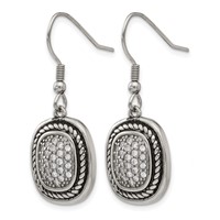 Chisel Stainless Steel Antiqued and Polished Earrings with CZ Dangle Shepherd Hook view 3
