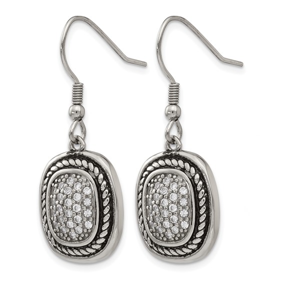 Chisel Stainless Steel Antiqued and Polished with CZ Dangle Shepherd Hook Earrings