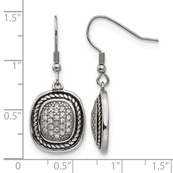 Chisel Stainless Steel Antiqued and Polished with CZ Dangle Shepherd Hook Earrings