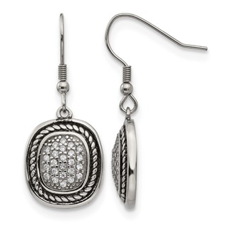 Chisel Stainless Steel Antiqued and Polished with CZ Dangle Shepherd Hook Earrings