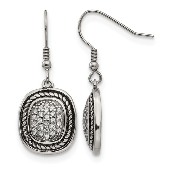 Chisel Stainless Steel Antiqued and Polished with CZ Dangle Shepherd Hook Earrings