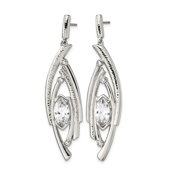 Stainless Steel Polished Textured Marquise Shape CZ Post Dangle Earrings