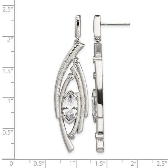 Stainless Steel Polished Textured Marquise Shape CZ Post Dangle Earrings