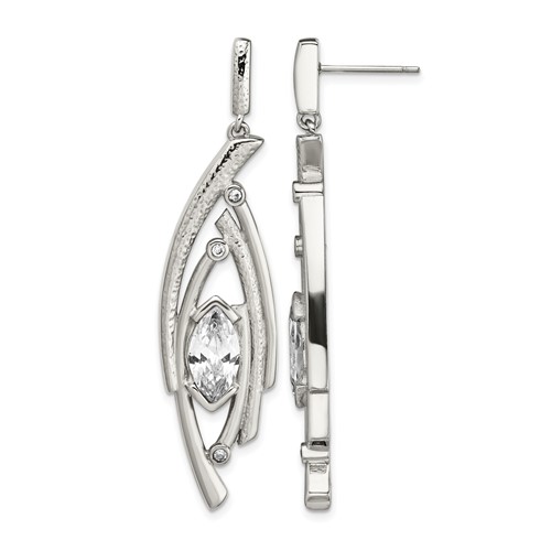 Stainless Steel Polished Textured Marquise Shape CZ Post Dangle Earrings
