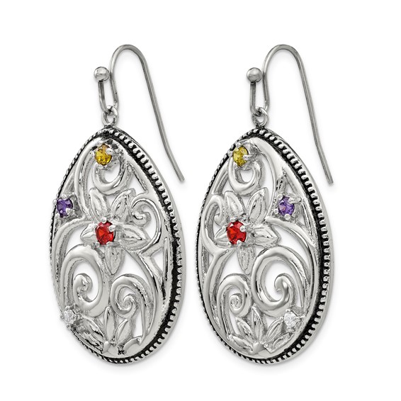 Chisel Stainless Steel Antiqued and Polished with Multicolor CZ Dangle Shepherd Hook Earrings