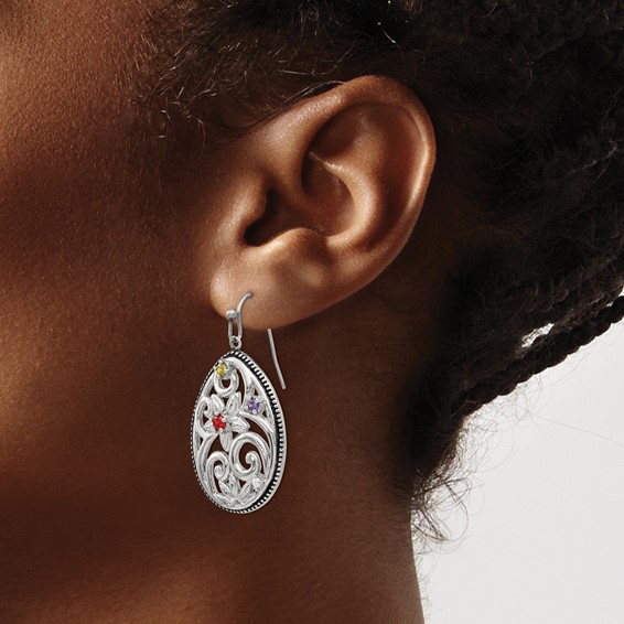 Chisel Stainless Steel Antiqued and Polished with Multicolor CZ Dangle Shepherd Hook Earrings