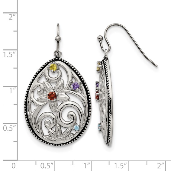 Chisel Stainless Steel Antiqued and Polished with Multicolor CZ Dangle Shepherd Hook Earrings