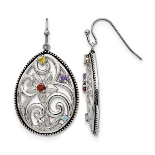 Chisel Stainless Steel Antiqued and Polished with Multicolor CZ Dangle Shepherd Hook Earrings