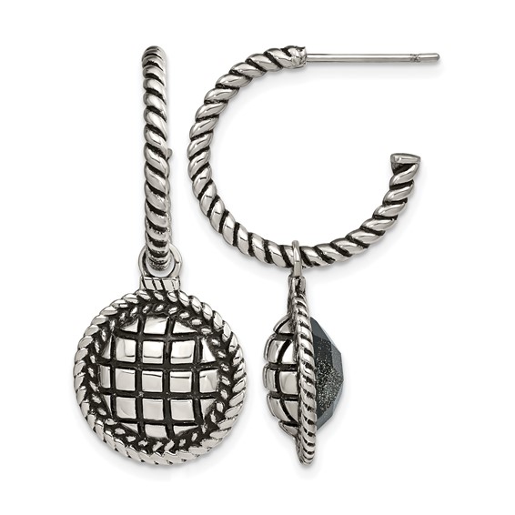 Stainless Steel Antiqued and Polished Blue Sandstone Reversible Earrings