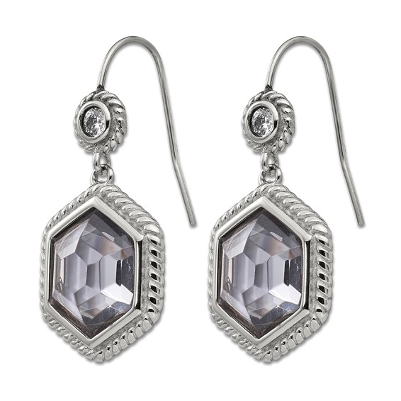 Chisel Stainless Steel Antiqued and Polished with Grey Glass and CZ Shepherd Hook Earrings