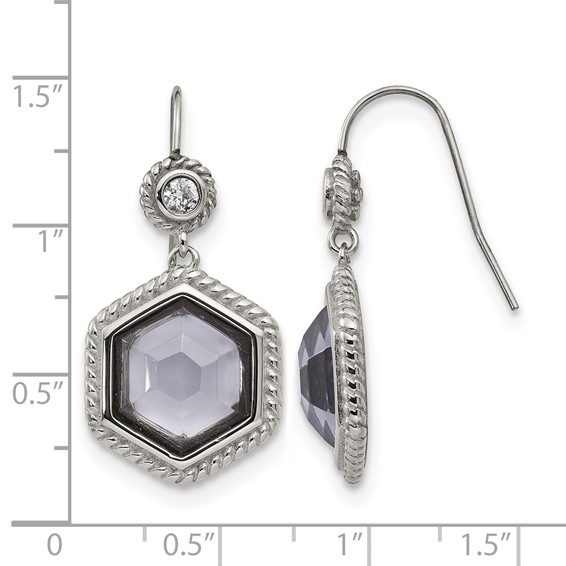 Chisel Stainless Steel Antiqued and Polished with Grey Glass and CZ Shepherd Hook Earrings