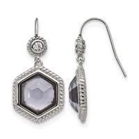 Chisel Stainless Steel Antiqued and Polished Earrings with Grey Glass and CZ Shepherd Hook view 1