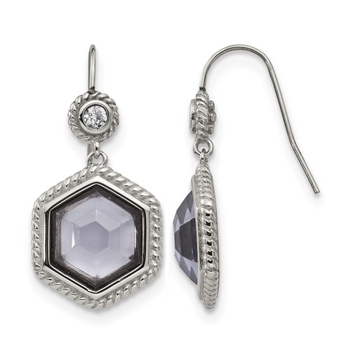 Chisel Stainless Steel Antiqued and Polished Earrings with Grey Glass and CZ Shepherd Hook