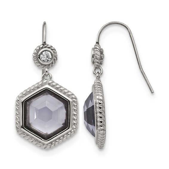 Chisel Stainless Steel Antiqued and Polished with Grey Glass and CZ Shepherd Hook Earrings