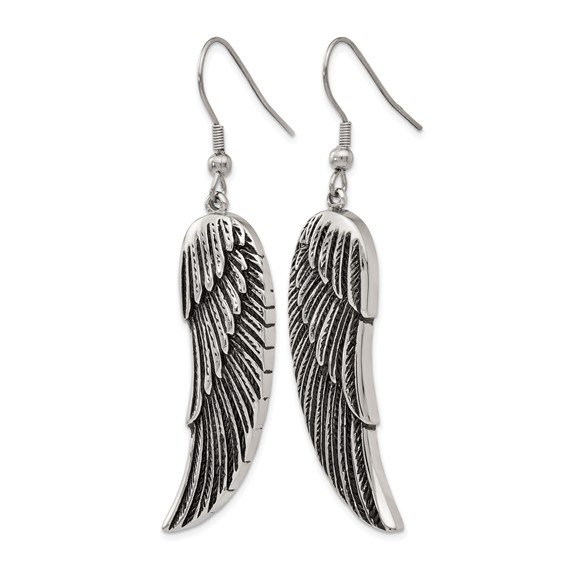 Chisel Stainless Steel Antiqued and Polished Wing Dangle Shepherd Hook Earrings