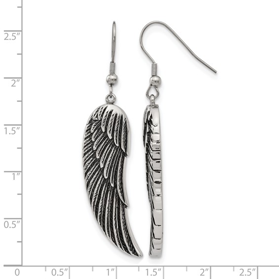 Chisel Stainless Steel Antiqued and Polished Wing Dangle Shepherd Hook Earrings