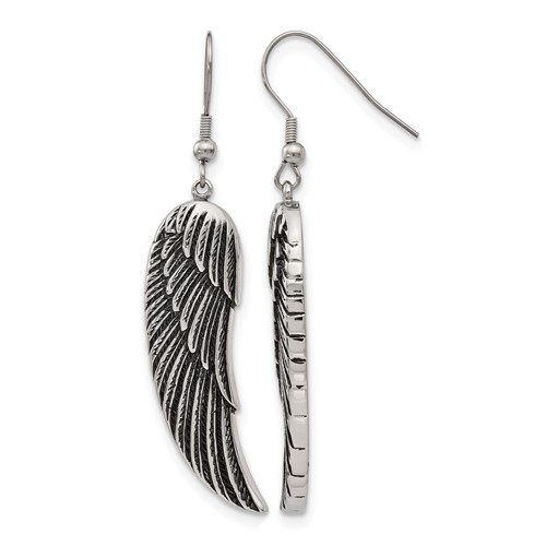 Chisel Stainless Steel Antiqued and Polished Wing Dangle Shepherd Hook Earrings