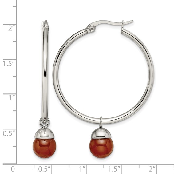 Chisel Stainless Steel Polished with Red Agate Dangle Hoop Earrings