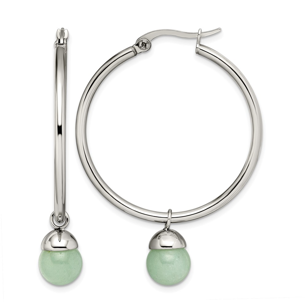 Chisel Stainless Steel Polished Earrings with Green Aventurine Dangle Hoop