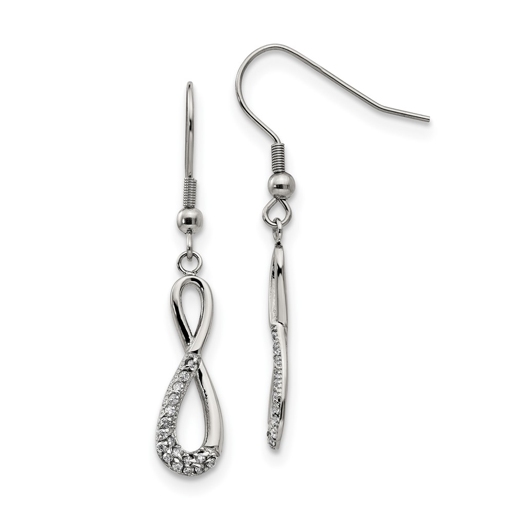 Stainless Steel Polished w/CZ Infinity Dangle Shepherd Hook Earrings
