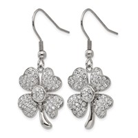 Chisel Stainless Steel Polished Earrings with CZ 4-Leaf Clover Dangle Shepherd Hook view 3