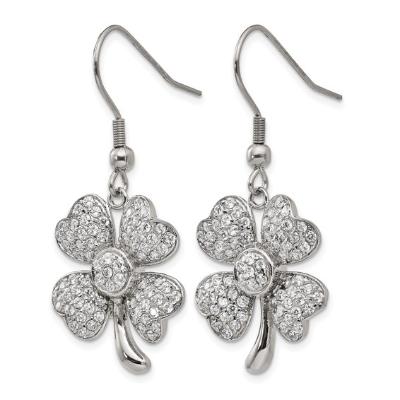 Chisel Stainless Steel Polished with CZ 4-Leaf Clover Dangle Shepherd Hook Earrings