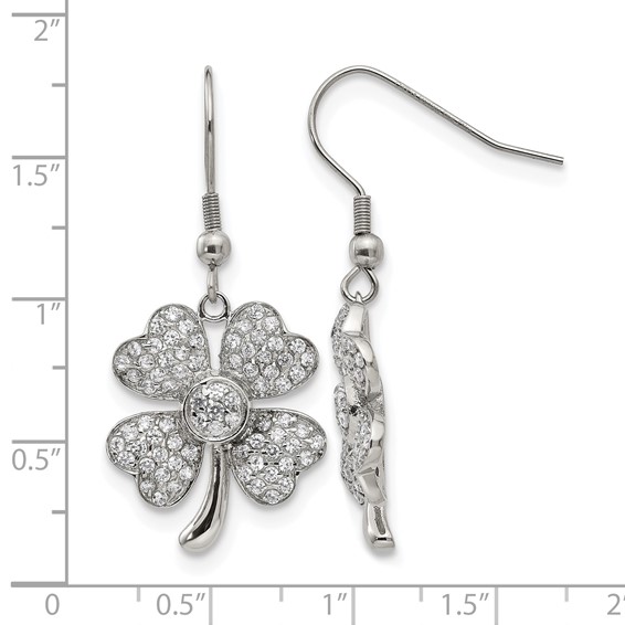 Chisel Stainless Steel Polished with CZ 4-Leaf Clover Dangle Shepherd Hook Earrings