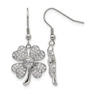 Chisel Stainless Steel Polished with CZ 4-Leaf Clover Dangle Shepherd Hook Earrings