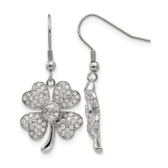 Chisel Stainless Steel Polished with CZ 4-Leaf Clover Dangle Shepherd Hook Earrings