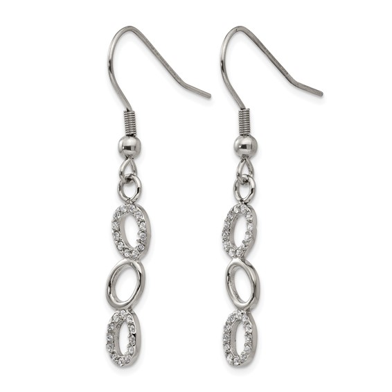 Stainless Steel Polished w/CZ Oval Dangle Shepherd Hook Earrings