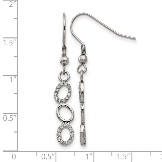 Stainless Steel Polished w/CZ Oval Dangle Shepherd Hook Earrings
