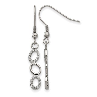 Stainless Steel Polished w/CZ Oval Dangle Shepherd Hook Earrings