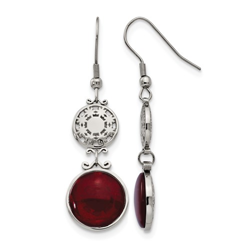 Stainless Steel Polished Earrings with Red Glass Dangle Shepherd Hook