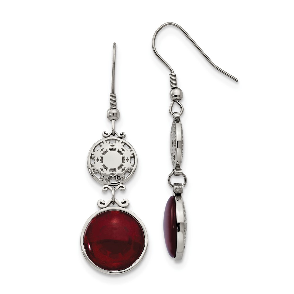 Stainless Steel Polished w/Red Glass Dangle Shepherd Hook Earrings