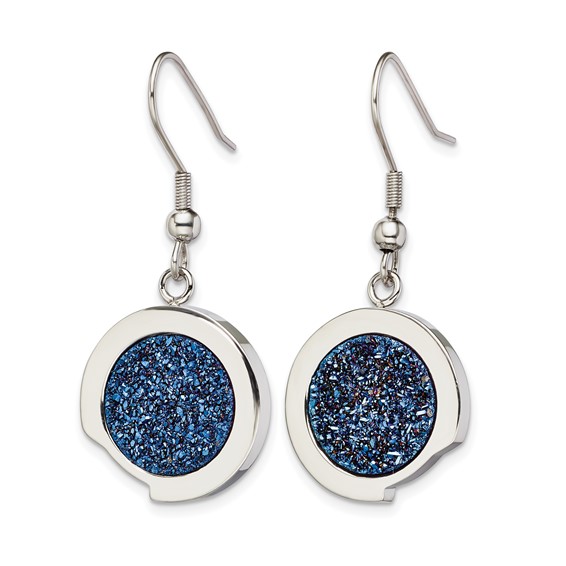 Stainless Steel Polished with Blue Druzy Dangle Shepherd Hook Earrings