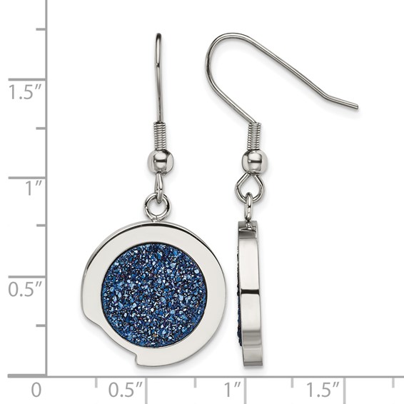 Stainless Steel Polished with Blue Druzy Dangle Shepherd Hook Earrings