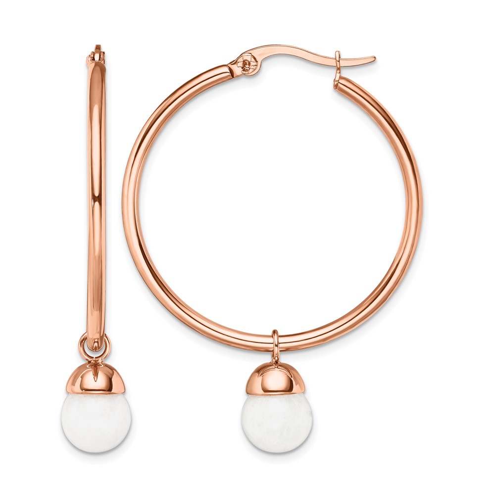Chisel Stainless Steel Polished Rose IP-plated Earrings with White Jade Dangle Hoop