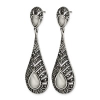 Stainless Steel Polished Marcasite Cat's Eye Post Dangle Earrings view 3