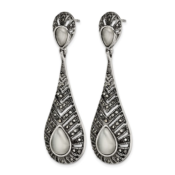Stainless Steel Polished Marcasite Cat's Eye Post Dangle Earrings