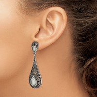 Stainless Steel Polished Marcasite Cat's Eye Post Dangle Earrings view 4