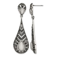 Stainless Steel Polished Marcasite Cat's Eye Post Dangle Earrings view 1