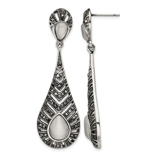 Stainless Steel Polished Marcasite Cat's Eye Post Dangle Earrings