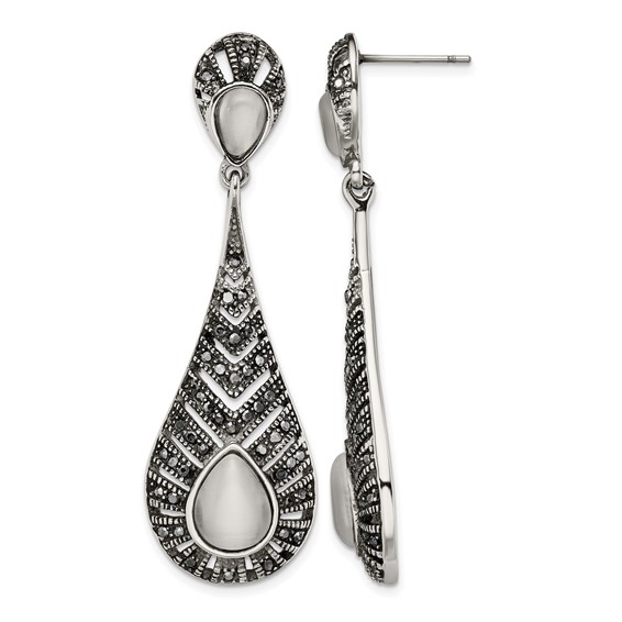 Stainless Steel Polished Marcasite Cat's Eye Post Dangle Earrings