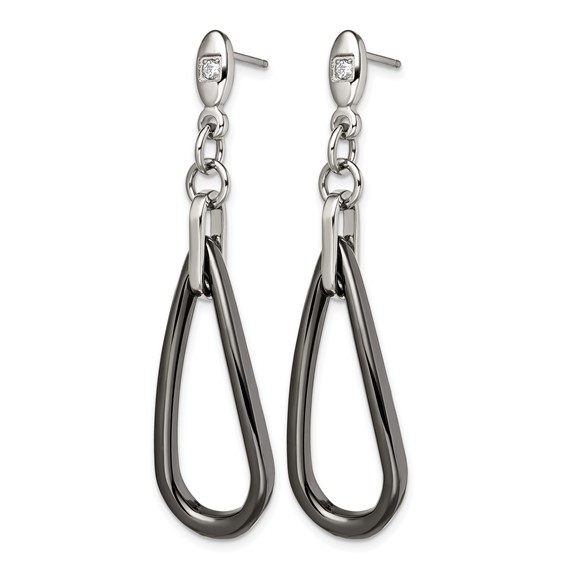 Chisel Stainless Steel Polished with Black Ceramic and CZ Dangle Post Earrings