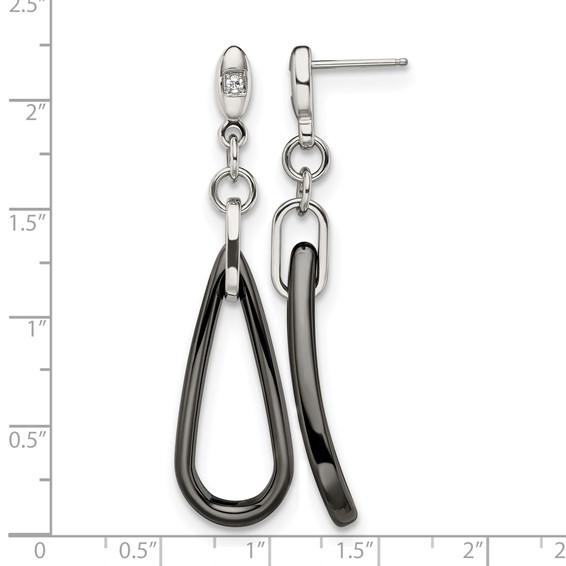 Chisel Stainless Steel Polished with Black Ceramic and CZ Dangle Post Earrings