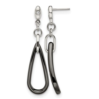 Chisel Stainless Steel Polished with Black Ceramic and CZ Dangle Post Earrings