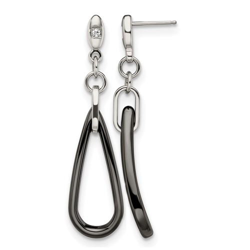 Chisel Stainless Steel Polished with Black Ceramic and CZ Dangle Post Earrings