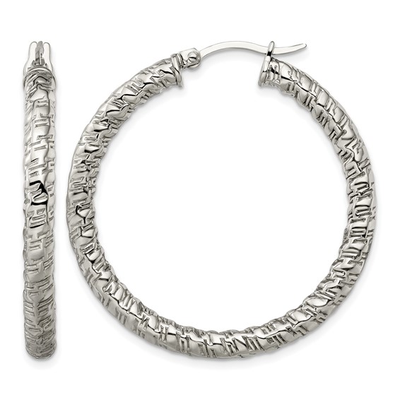 Chisel Stainless Steel Polished and Textured Hollow Hoop Earrings