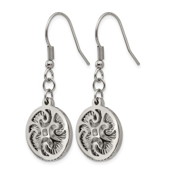 Stainless Steel Polished Textured Shepherd Hook Dangle Earrings