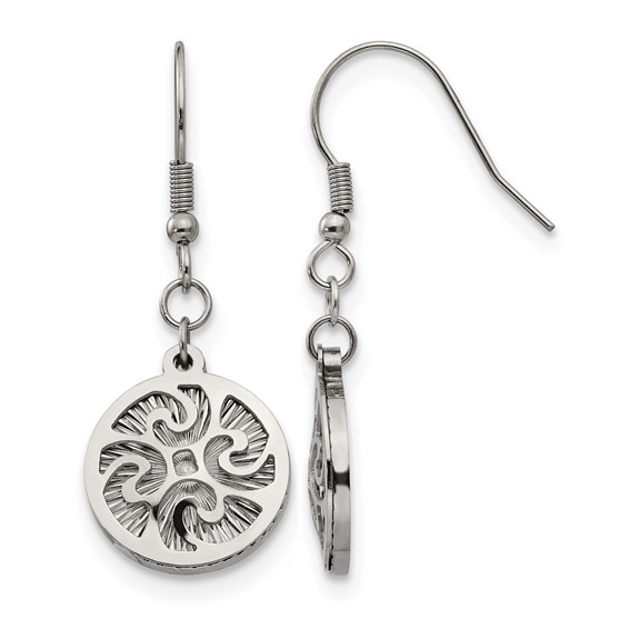 Stainless Steel Polished Textured Shepherd Hook Dangle Earrings